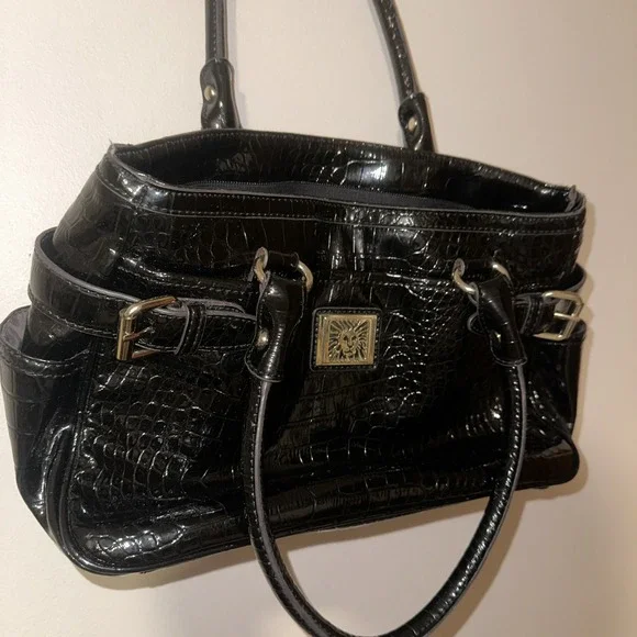 Anne Klein Black Croc-embossed Large Shoulder Bag Handbag Purse Gold‎ Hardware - Picture 3 of 12